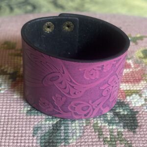 NW Coast Salish Pink Leather Cuff Bracelet Hummingbird Simone Diamond Tooled